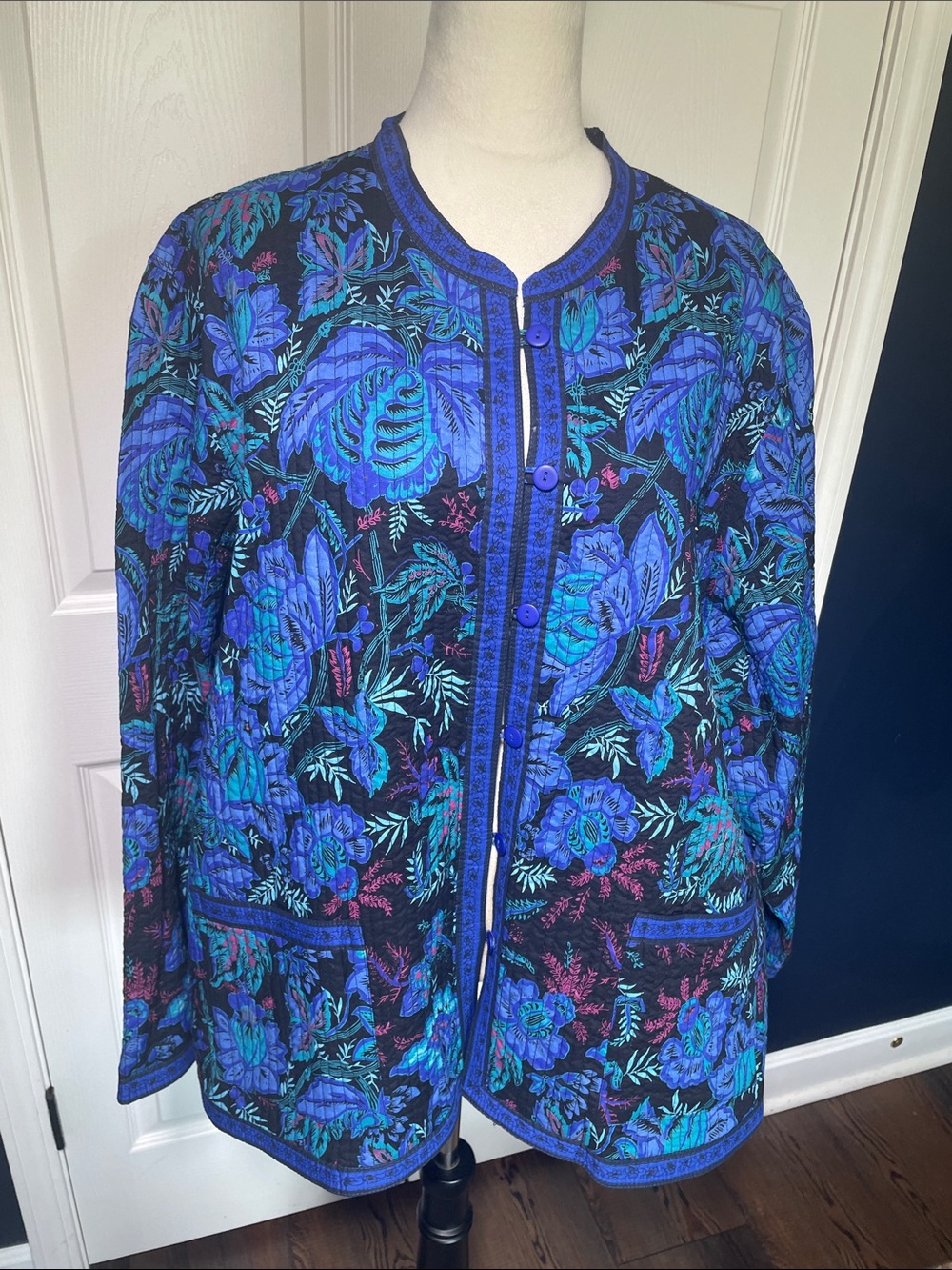 Vintage Boho Floral Quilted Jacket Blue Purple Botanical Print‎ Reversible 2XL